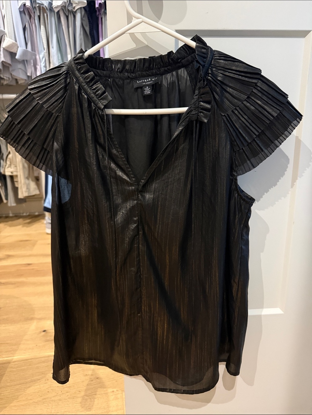 Lafayette 148 New York Black Pleated Cap-Sleeve Shell
